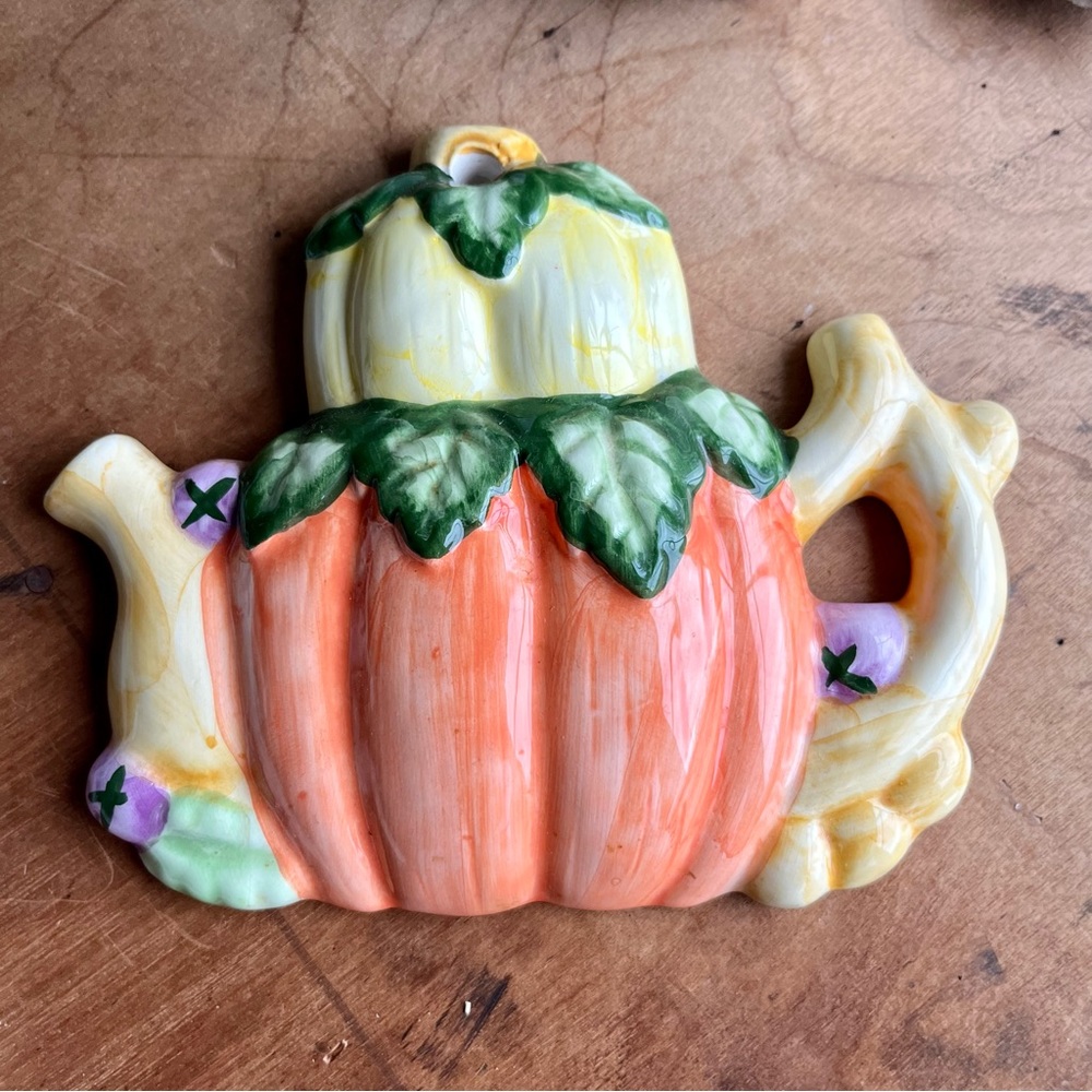 Vintage Ceramic Pumpkin Teapot Wall Hanging Kitschy Cottagecore Decor